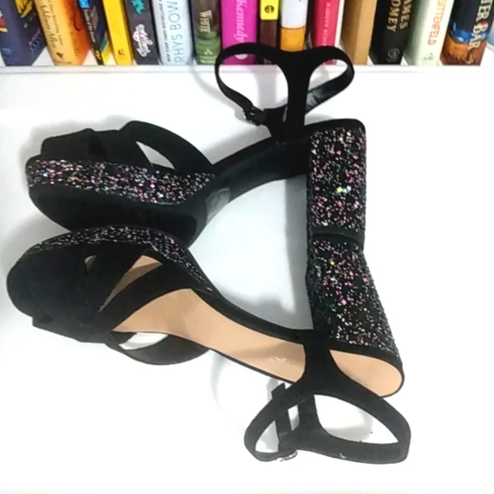 JELLYPOP BLACK STRAPPY PLATFORM GLITTER SPARKLE ANKLE STRAP HEELS SIZE 8.5 NWT